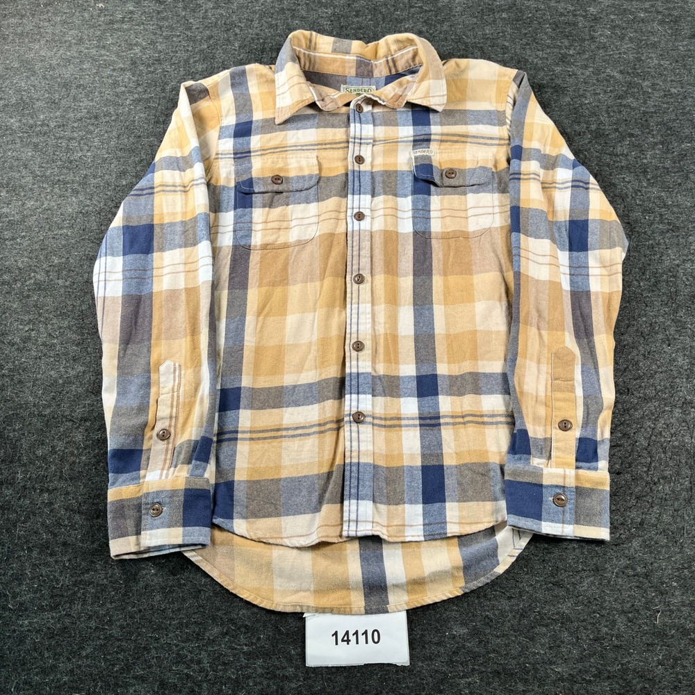 Sendero Button Down Shirt Mens Medium Tan Blue Plaid Excellent Rugged Flannel